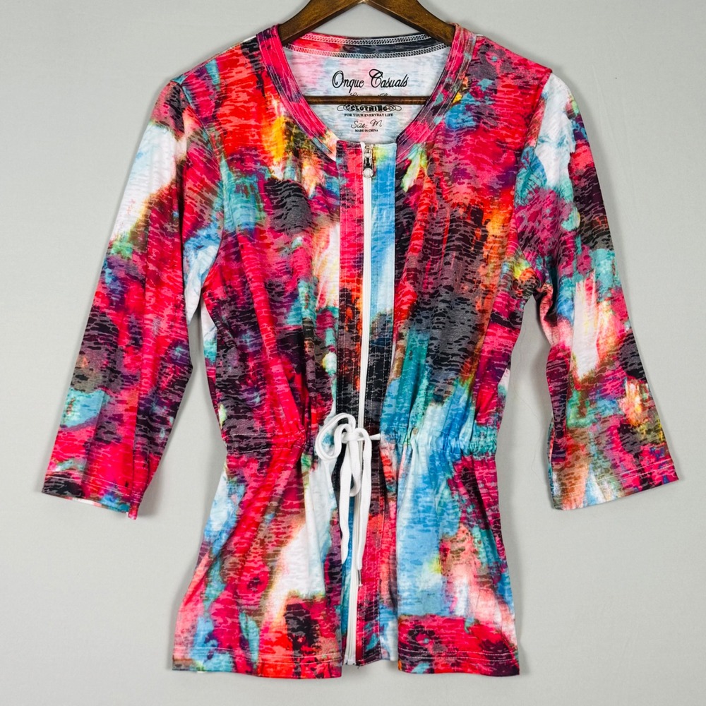 Onque Casuals Zip Front Top Women Medium Multi Color NWOT Abstract Tie Dye